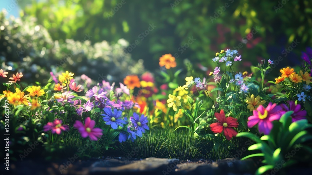 Fototapeta premium Vibrant Rainbow of Blossoms in a Sunlit Garden