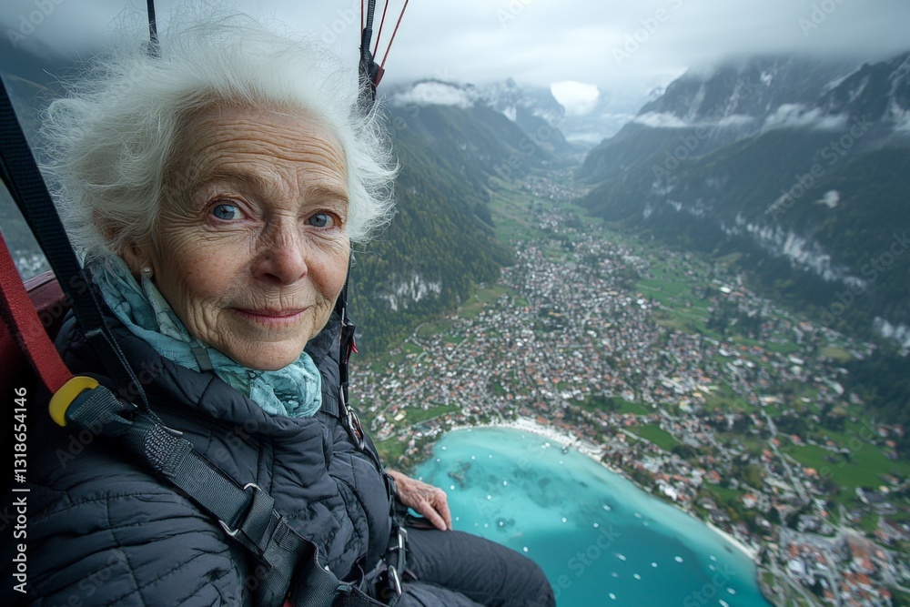 Elderly woman enjoys breathtaking view while paragliding over a picturesque mountainous landscape in Switzerland