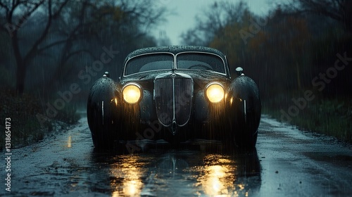Vintage Car in the Rain: A Classic Night Drive