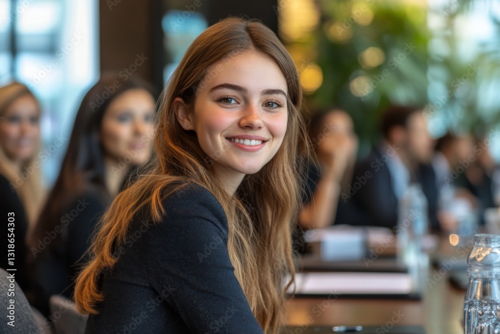 Young woman smiling during a business meeting in a modern conference room with colleagues engaged in discussion