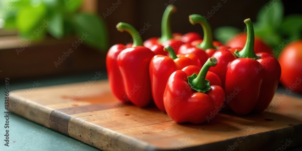 A cluster of ripe red bell peppers rests on a wooden cutting board, bathed in warm light A cluster of ripe red bell peppers rests on a wooden cutting board, bathed in warm light