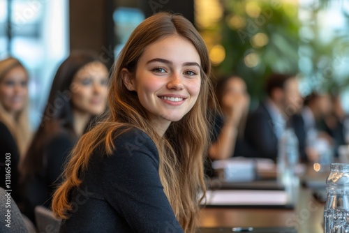 Obraz na płótnie Young woman smiling during a business meeting in a modern conference room with colleagues engaged in discussion w salonie