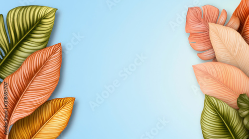 Warm Toned Tropical Leaves on Light Blue Background Illustration