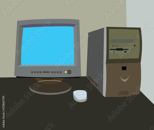 Vintage desktop computer with crt monitor, cpu tower, and mouse on a black table