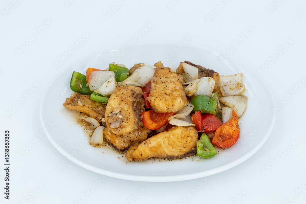 Sea Bass in black peppercorn, Stir fried Fish fillet with black pepper sauce, Stir Fried Sea Bass with Black Pepper. Boneless fish fried until crispy, stir-fried with sauce Sea Bass in black peppercorn, Stir fried Fish fillet with black pepper sauce, Stir Fried Sea Bass with Black Pepper. Boneless fish fried until crispy, stir-fried with sauce