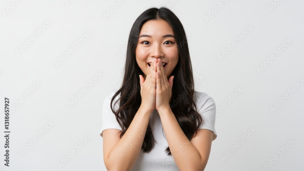 Asian woman smiling and covering mouth shows surprise in studio with white background Concepts of joy, excitement, and social interaction Asian woman smiling and covering mouth shows surprise in studio with white background Concepts of joy, excitement, and social interaction