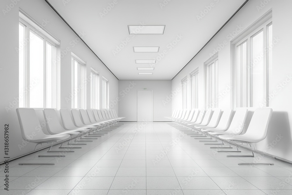 Fototapeta premium Waiting area in a modern, minimalist design office with ample natural light and white chairs