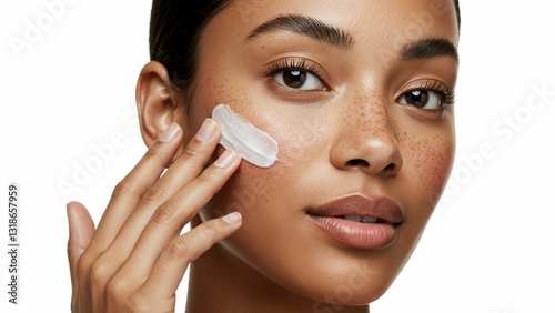 Latina woman applying moisturizer in close up Focus on skincare routine, beauty products, self care, diversity