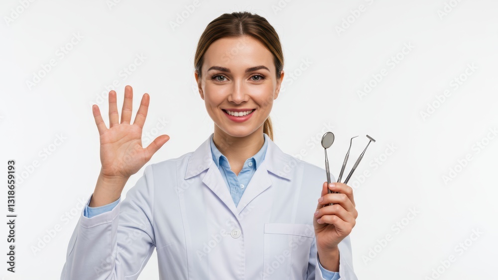 Young Caucasian female dentist smiling and waving in dental clinic holding tools Represents healthcare, dental care, and wellness Young Caucasian female dentist smiling and waving in dental clinic holding tools Represents healthcare, dental care, and wellness