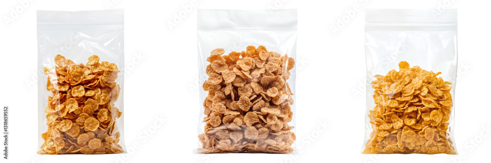 Obraz premium Three transparent bags filled with caramel cornflakes isolated on white