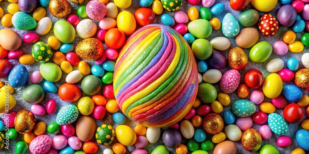 Fototapeta premium A colorful Easter egg with vibrant stripes surrounded by an abundance of painted and speckled eggs, creating a joyful and festive display.