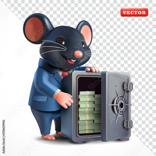 Rat in suit holding a safe box containing money, 3D vector. Suitable for business and design elements