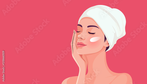 A young woman applying face cream as part of her skincare routine. Aesthetic beauty concept featuring smooth skin, hydration, and self-care.