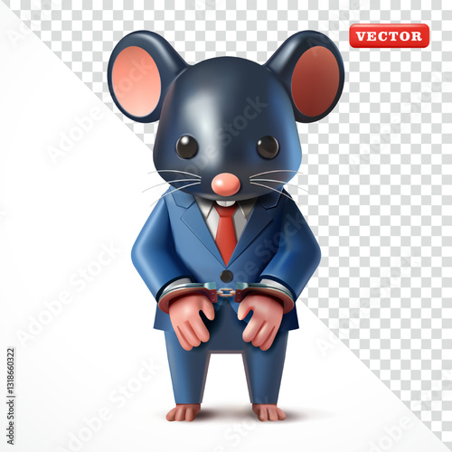 Rat in suit with both hands handcuffed vector 3d. Suitable for business, crime and design elements
