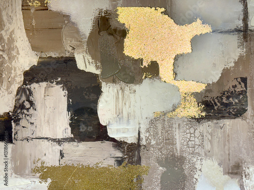 Fototapeta Naklejka Na Ścianę i Meble -  Close up of random washed wall paint and torn vintage gold paper, in abstract grunge and dirt texture. Seamless brown, black, and grey decorative paint on decaying wall background.