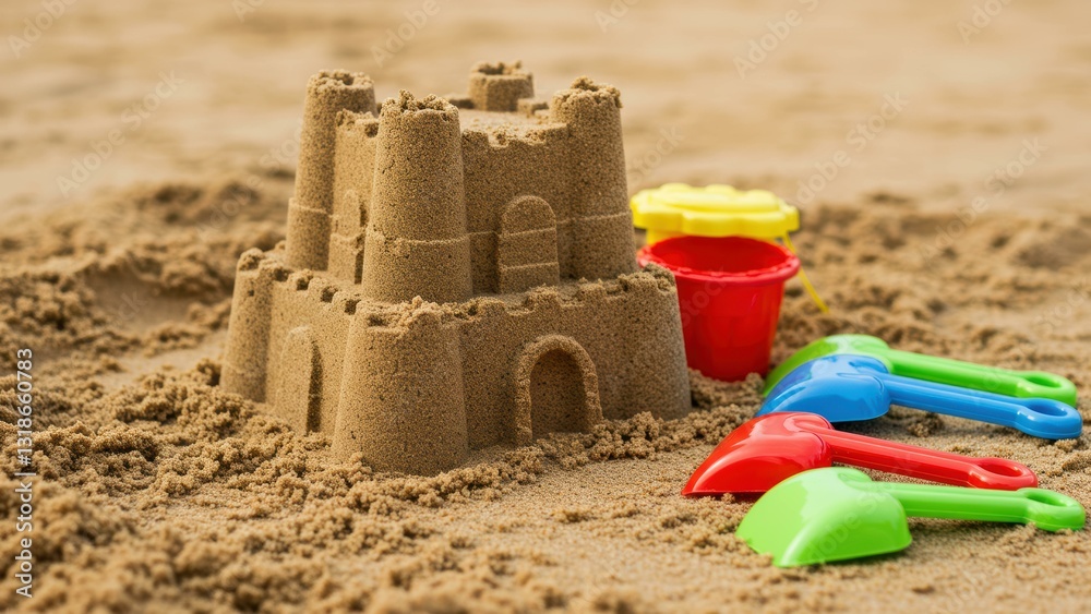Sandcastle built on beach with colorful toys Children enjoy outdoor play during summer Concepts: family fun, imagination Sandcastle built on beach with colorful toys Children enjoy outdoor play during summer Concepts: family fun, imagination