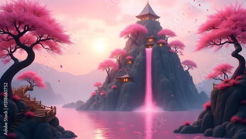 Fantasy mountain temple. Pink cherry blossom trees. Enchanted glowing waterfall. Serene, mystical, dreamy, ethereal, picturesque.