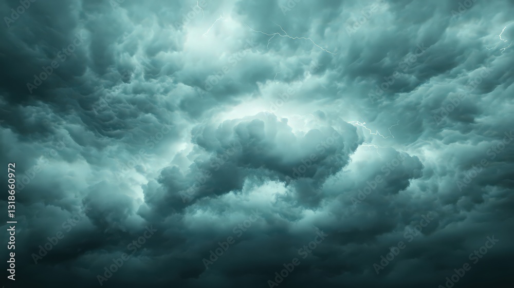 Obraz premium Ominous Teal and Gray Storm Clouds Illuminated by Subtle Sparkling Lights