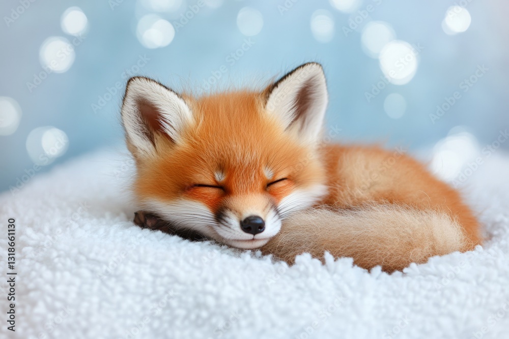 Obraz premium Cute sleeping fox cuddled up on a soft blanket with a dreamy background of soft lights