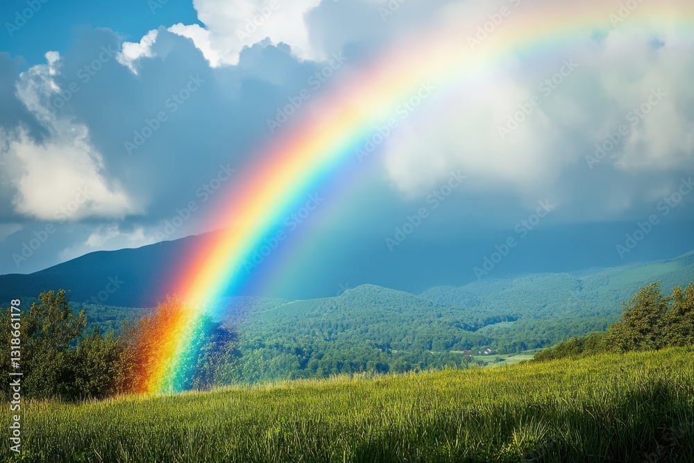 Colorful rainbow arches over green hills under a partly cloudy sky in summer Colorful rainbow arches over green hills under a partly cloudy sky in summer