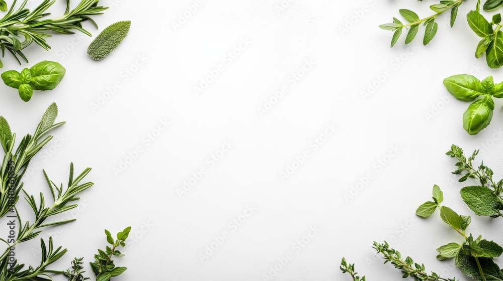 Naklejka premium White background with a bunch of green herbs and vegetables. The herbs are arranged in a way that they look like they are growing out of the background