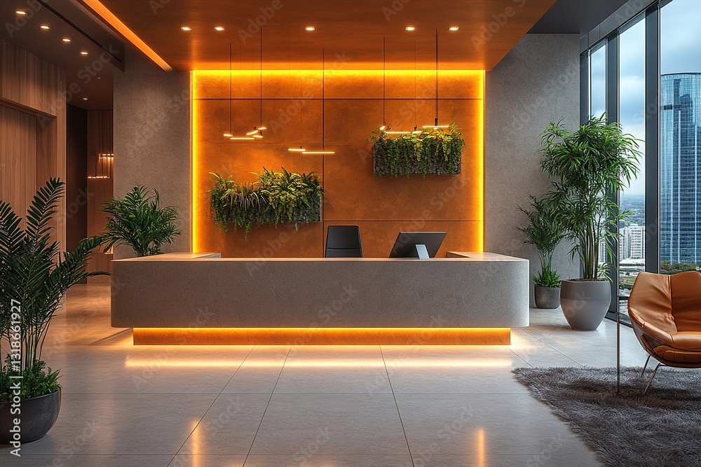Fototapeta premium Modern interior design of a stylish reception area with greenery and ambient lighting