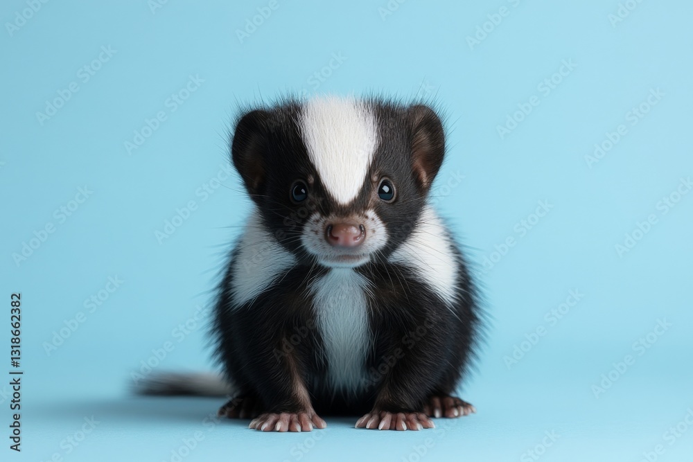 Adorable young skunk posing on a light blue background with curious expression and vibrant features