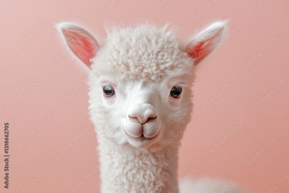 Fototapeta premium Soft and fluffy young alpaca posing against a pastel background in a warm setting