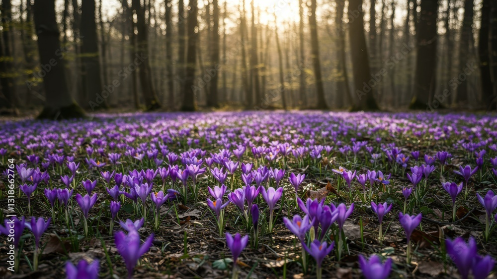 Naklejka premium Purple crocuses bloom on the forest floor, bathed in morning sunlight Captivating scene of nature's tranquility and seasonal beauty
