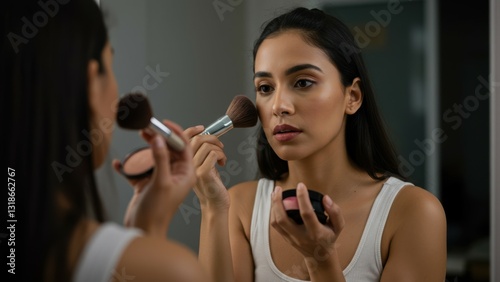 Hispanic woman applying blush in indoor bathroom mirror showcases beauty routine focusing on self care and personal grooming