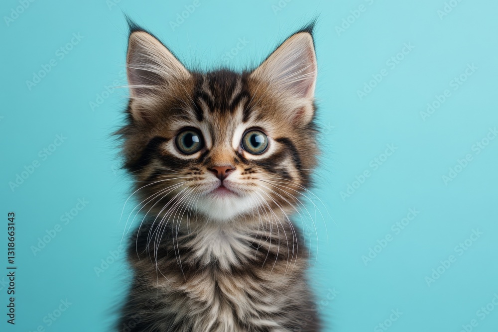 Adorable tabby kitten with striking blue eyes on a bright turquoise background, showcasing its playful personality and vibrant fur Adorable tabby kitten with striking blue eyes on a bright turquoise background, showcasing its playful personality and vibrant fur