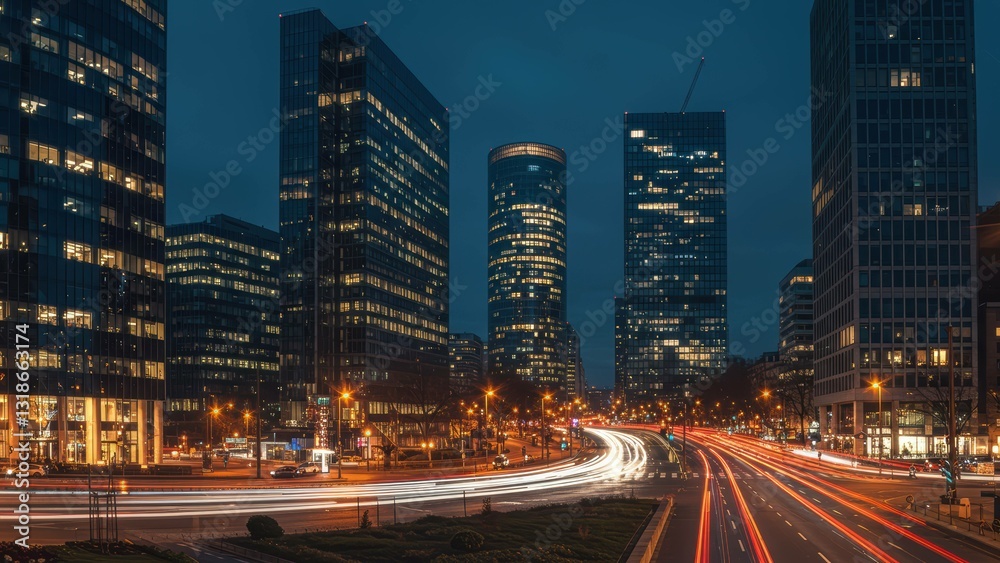Naklejka premium Modern skyscrapers in Mexico City at night, showcasing illuminated streets and traffic lights Urban development and nightlife