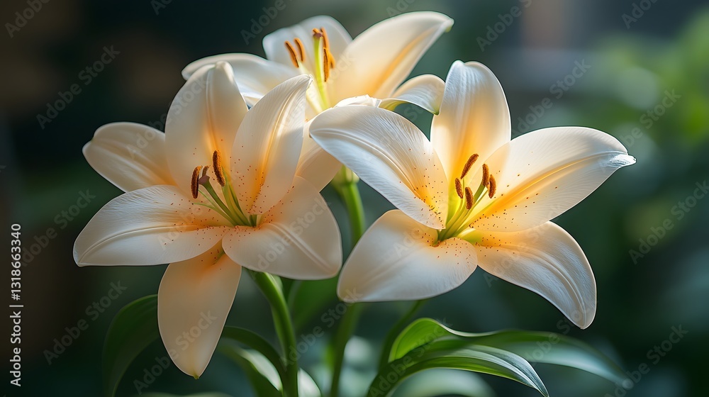 Fototapeta premium Blooming White Lilies in Natural Light with Green Foliage Background creating a calming and beautiful floral composition.