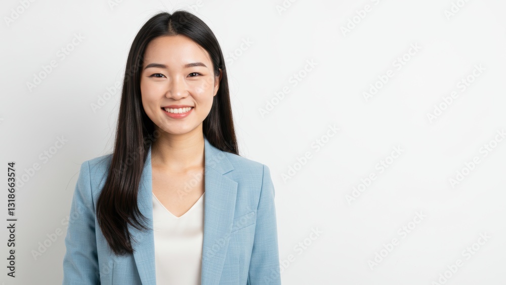 East Asian woman in business attire smiling, portrait in studio against white wall, representing professionalism and diversity East Asian woman in business attire smiling, portrait in studio against white wall, representing professionalism and diversity
