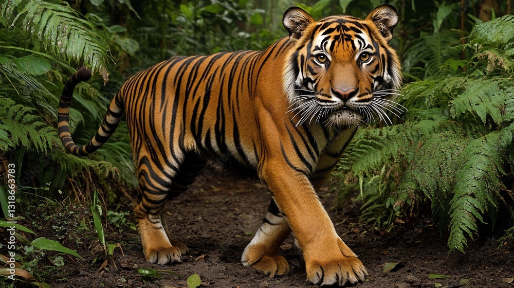 Obraz premium Majestic tiger walking in lush jungle.