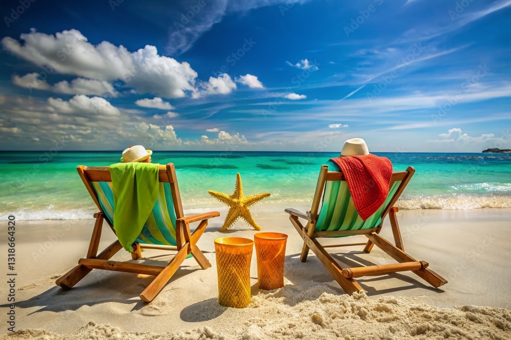 Summer Beach Scene: Starfish, Chairs, and Sandy Shores Summer Beach Scene: Starfish, Chairs, and Sandy Shores