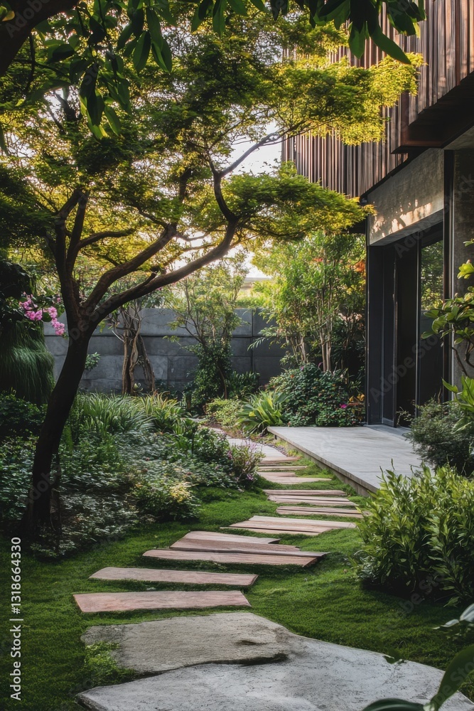 Peaceful garden pathway leads to a modern house surrounded by lush greenery and vibrant plants in the late afternoon light Peaceful garden pathway leads to a modern house surrounded by lush greenery and vibrant plants in the late afternoon light