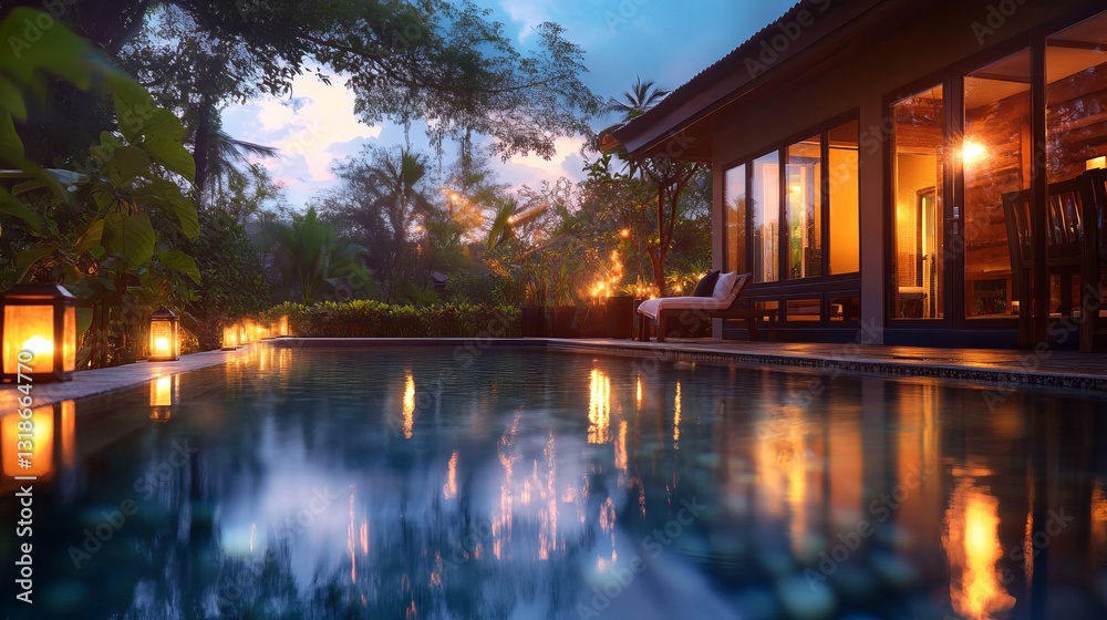 Fototapeta premium Tropical Villa Exterior with Infinity Pool and Lush Garden, Minimalist Design Under Soft Ambient Lighting, Peaceful Tropical Backdrop.