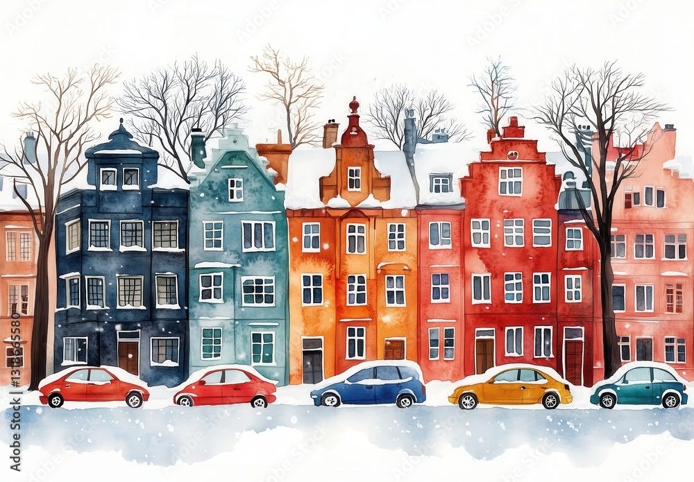 Fototapeta premium Watercolor, winter city street in the old town.