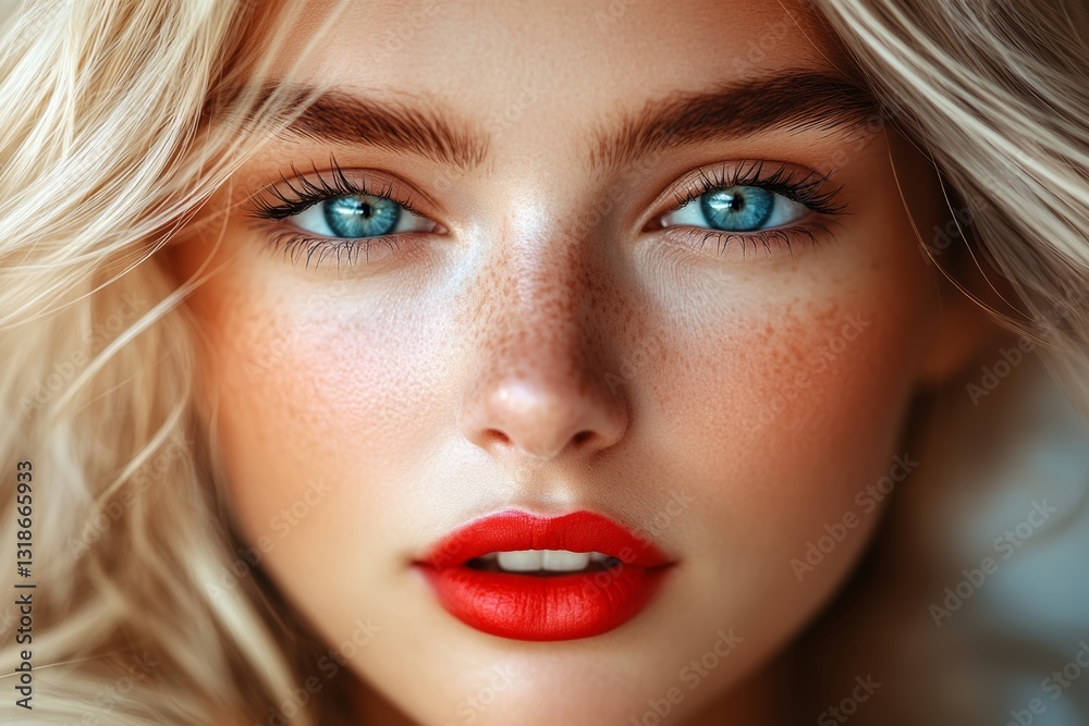 Woman with blue eyes and red lipstick. She has a light blue hair. The woman is smiling Woman with blue eyes and red lipstick. She has a light blue hair. The woman is smiling