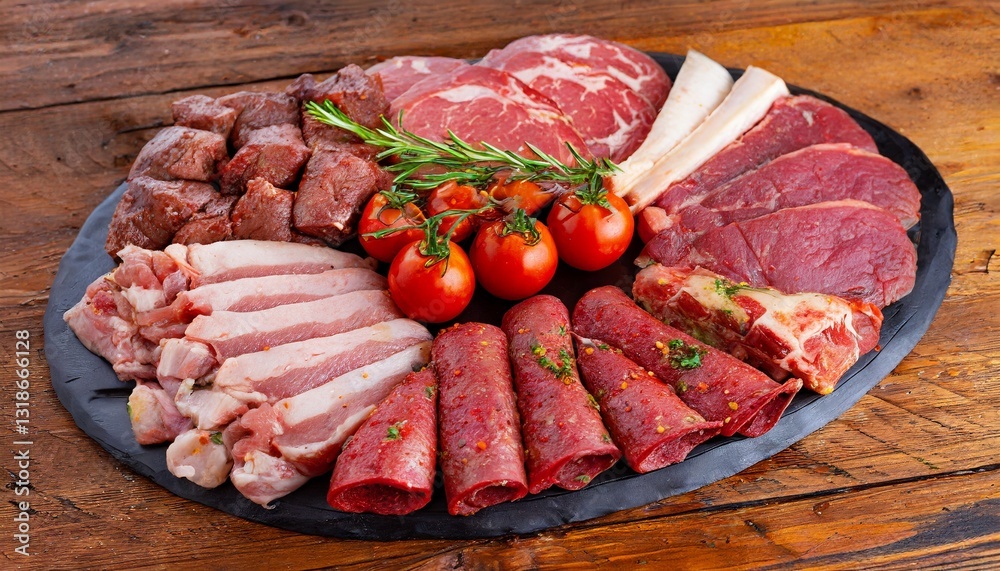 Barbecue mixed platter with an assortment of raw meats on a wooden table Barbecue mixed platter with an assortment of raw meats on a wooden table
