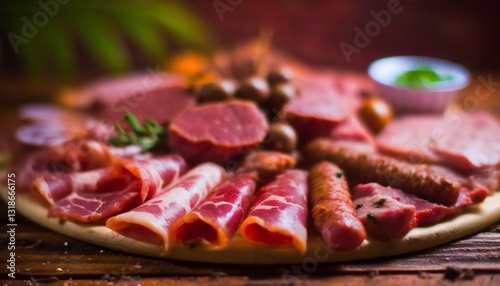 Barbecue mixed platter with an assortment of raw meats on a wooden table