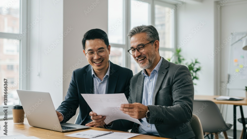 Chinese businessman and Middle aged man review documents in modern office Focus on teamwork, diversity, and professional development Chinese businessman and Middle aged man review documents in modern office Focus on teamwork, diversity, and professional development