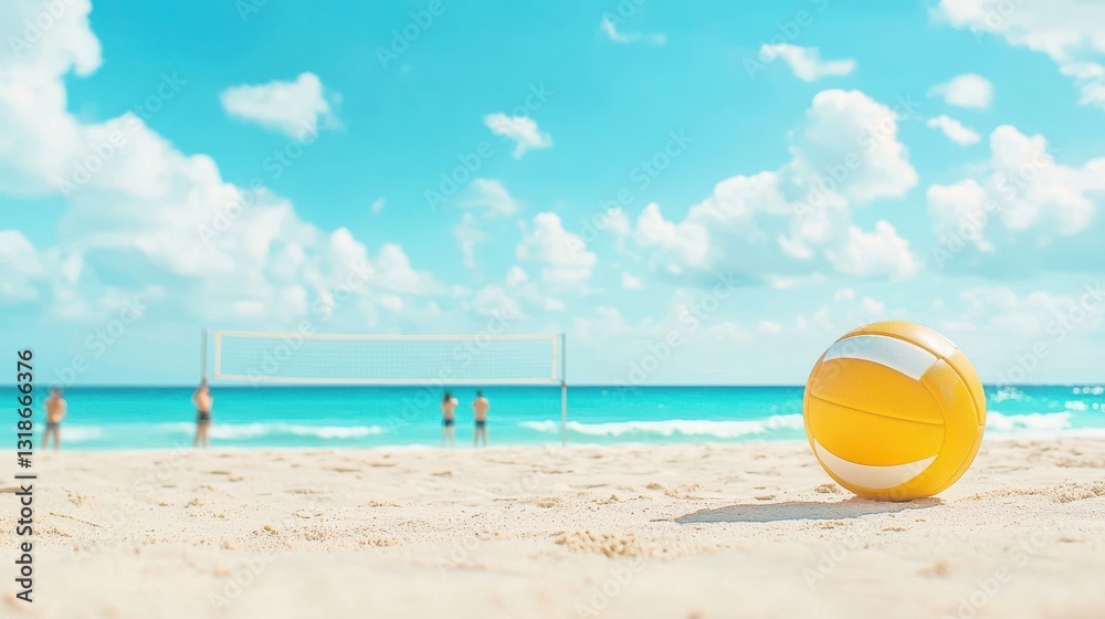 Naklejka premium Beach scene featuring a yellow volleyball and ocean backdrop.