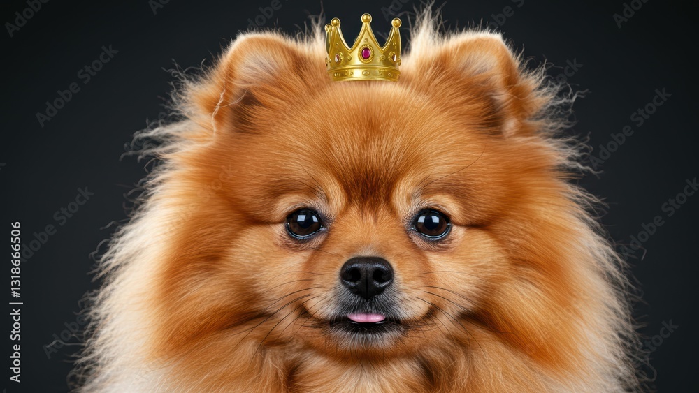 Pomeranian puppy with crown, showcasing a joyful demeanor Ideal for pet royalty themes Pomeranian puppy with crown, showcasing a joyful demeanor Ideal for pet royalty themes