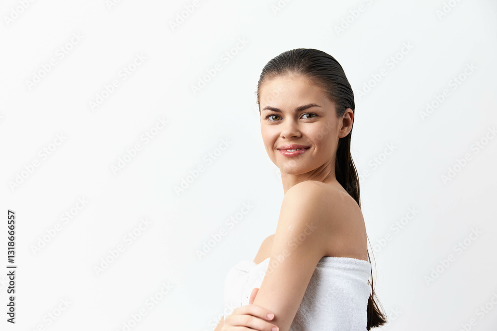 spa, beauty, skincare, wellness, portrait of a smiling woman with wet hair in a white towel against a plain white background, conveying freshness and relaxation spa, beauty, skincare, wellness, portrait of a smiling woman with wet hair in a white towel against a plain white background, conveying freshness and relaxation