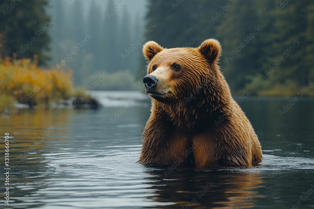 Fototapeta premium Brown bear wading in water surrounded by lush greenery and misty mountains
