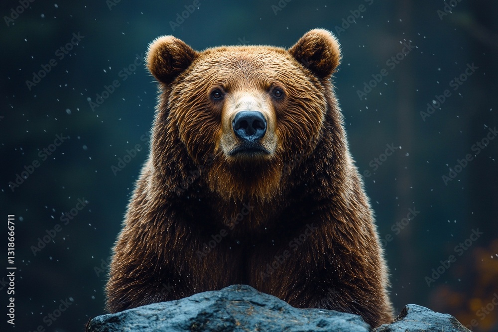 Obraz premium Brown bear resting on a rock in a misty forest during light snowfall