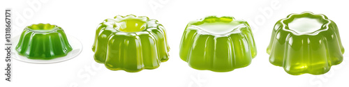 Green gelatin desserts in various shapes on transparency background