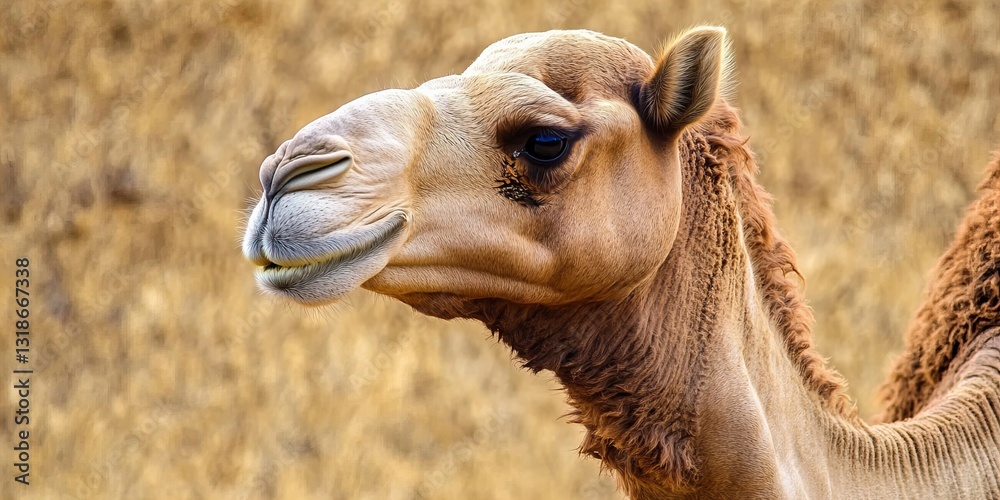 Obraz premium Close-up portrait of a camel in the desert, showcasing its expressive features and textured fur against a sandy backdrop. Perfect for wildlife, travel, and nature-themed content.